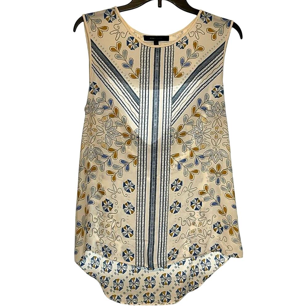 BCBG Max Azria Sleeveless Draped Back Blouse Cream Blue Boho Print M